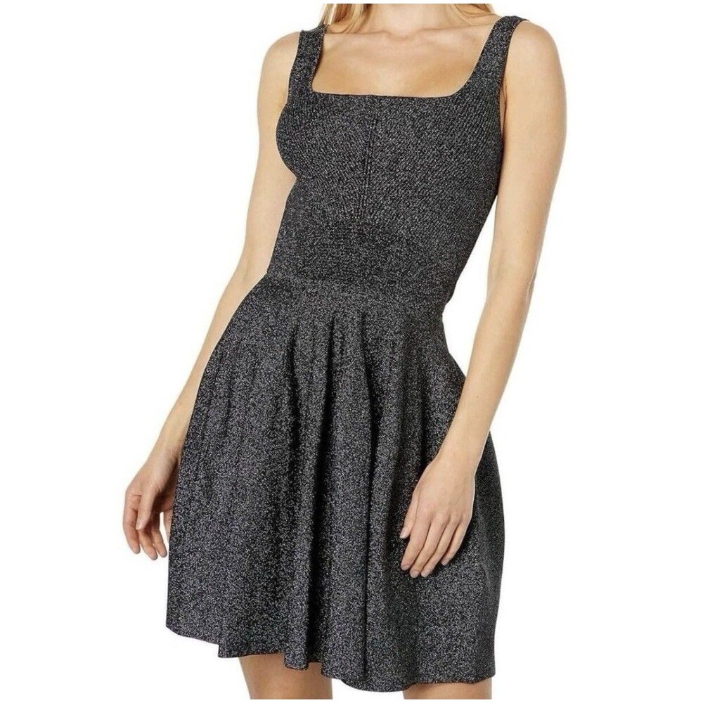 Ted Baker London Glitzia Black Metallic Sleeveless Skater Mini Dress Medium